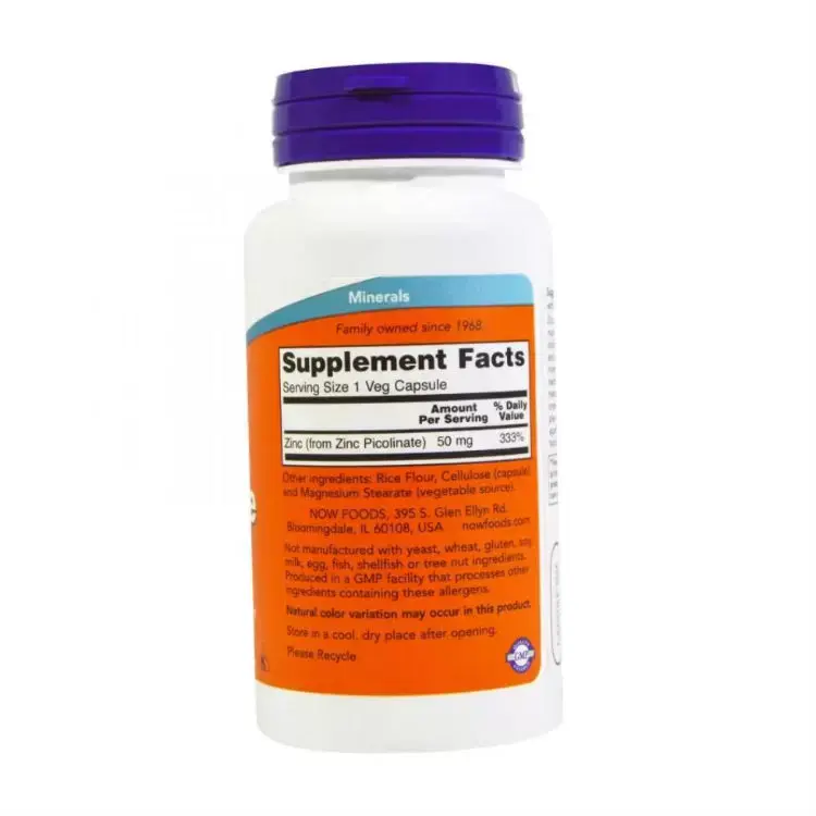 Витамины NOW Цинк пиколинат для здоровья всего организма, 50 мг, 60 шт в Москве