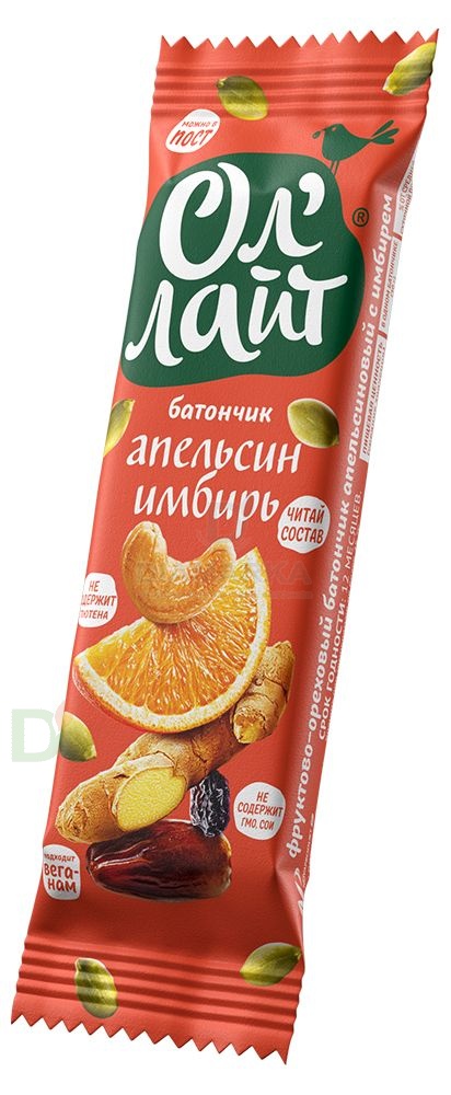 Батончик фруктово-ореховый Апельсиновый с имбирем ОлЛайт 30 г.