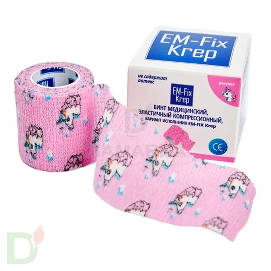 Бинт самофиксирующийся EM-Fix krep Розовый с единорогом, 5см*4,5м в Москве